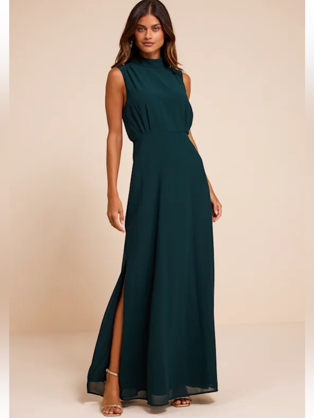 NWT Lulus Classic Elegance Emerald Chiffon Sleeveless Mock Neck Maxi Dress XS